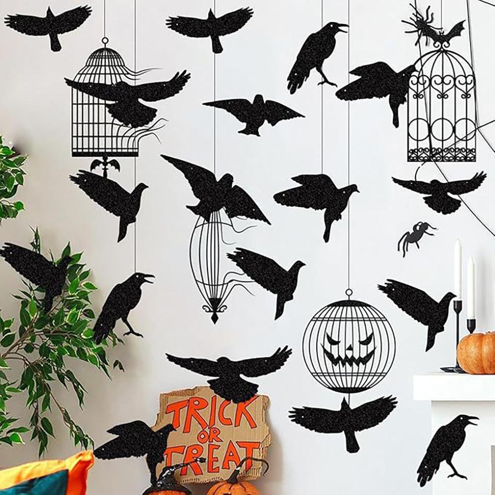 Runtowo 12 sztuk Halloweenowa Czarna Wrona Ozdoba Wisząca, Wiszący Wisiorek DIY, Domowa Dekoracja Halloweenowa Atmosfera Grozy
