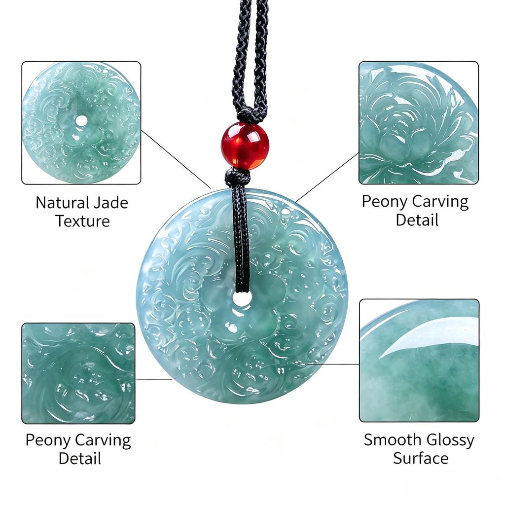 Grade a Burmese Jadeite Peace Buckle Pendant, Natural Green Jade Flower Pattern Carved Donuts for Gift and