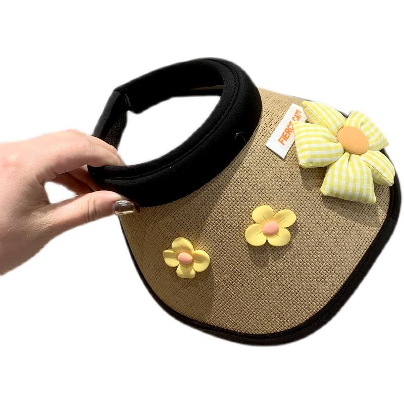 Three Little Flowers Children's Sunscreen Hat Baby Shade Empty Top Hat Summer Shell Hat Women's UV Protection Straw Hat