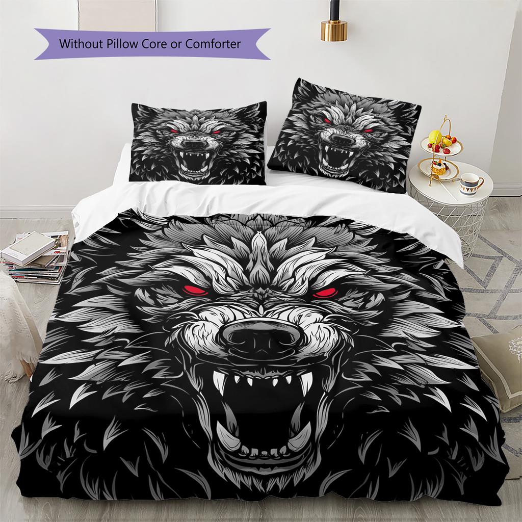 Red-Eyed Wolf  Pattern Bedding Quilt Set Quilt Cover Pillowcase Home Decoration  Gift (1 * Duvet Cover + 2 * Pillowcase, Without Core)