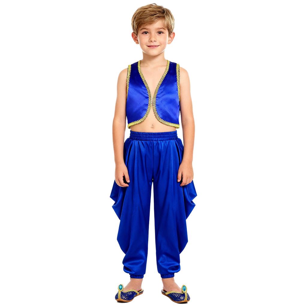 Kinder 2-teilige arabische traditionelle Kleidung Offene Weste mit goldenem Besatz und lockere Hose mit elastischem Bund für Karneval Kostüm