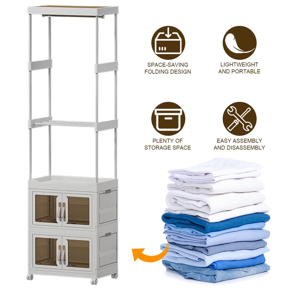 Mobile Wardrobe Clothes Organizer with Haging Rod & Cabinet Clothing Storage Shelf with Wheels for Bedroom Living Room