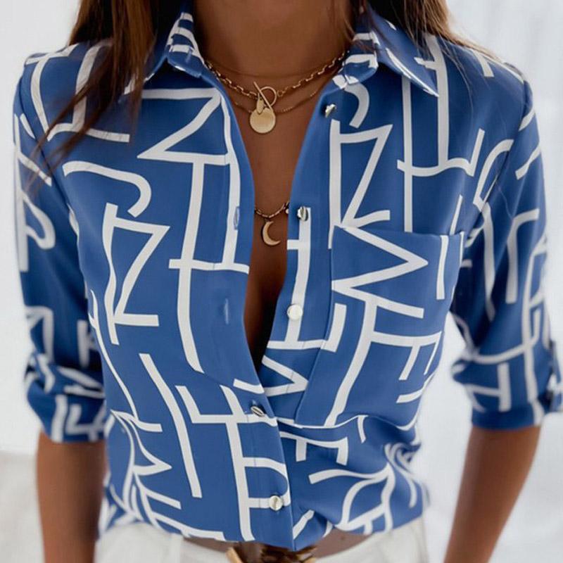 Spring Autumn Lapel Long Sleeve Floral Print Women Shirt
