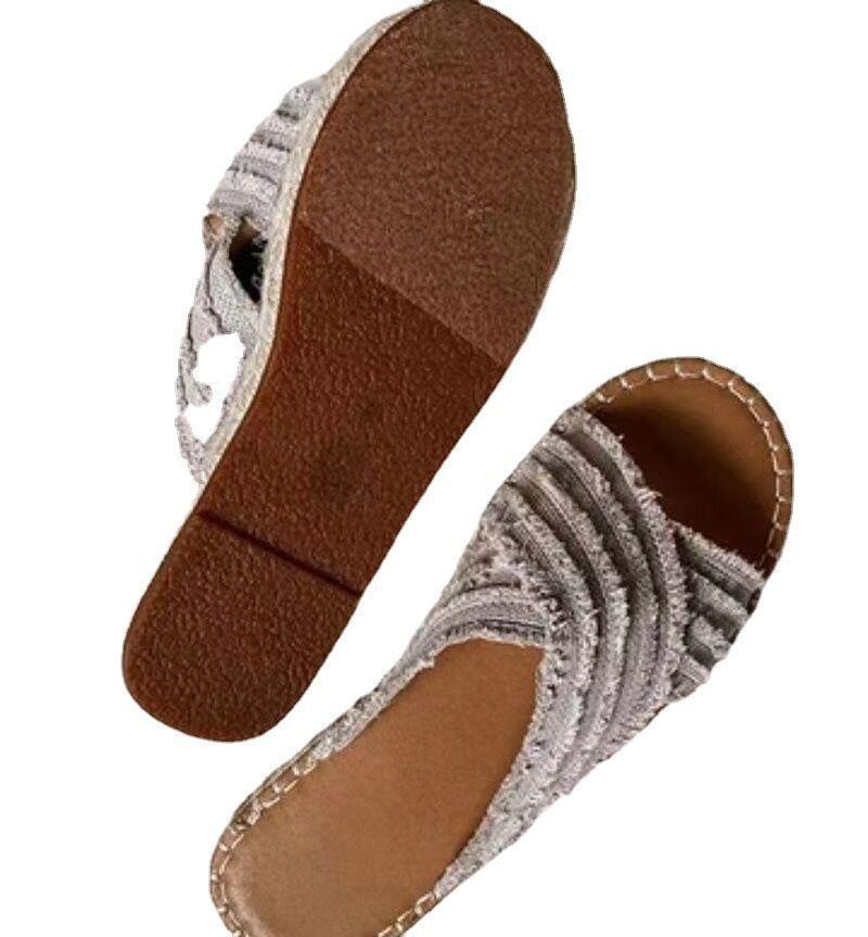 Station indépendante souhaite pantoufles plates à bout ouvert de grande taille pour femmes 2025 été nouveau denim fond corde de chanvre pantoufles un mot