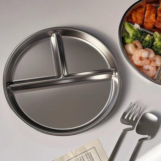 Stainless Steel Dinner Plates Silicone Suction Divided Serving Tray Stackable Breakfast Plates Kids Snack Tray Lunch Container for School