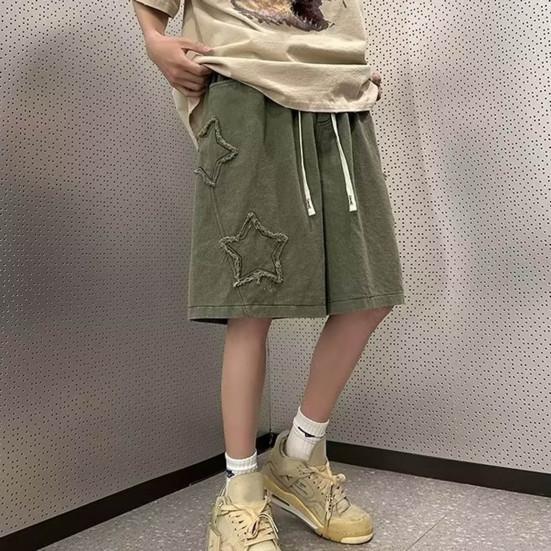 Men Denim Shorts Elastic Waist Adjustable Drawstring Oversized Wide Leg Short Jeans Washed Knee-length Shorts with Tassel Edge Star Patch