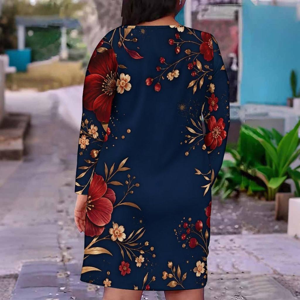 Women Plus Size V Neck Long Sleeve Printed Navy Blue Fitted Dress
