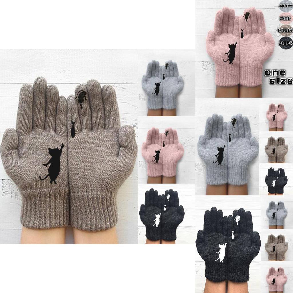 Damen Modische Strickhandschuhe mit Katzen- und Fischdruck mit warmen Fäustlingen für volle Finger