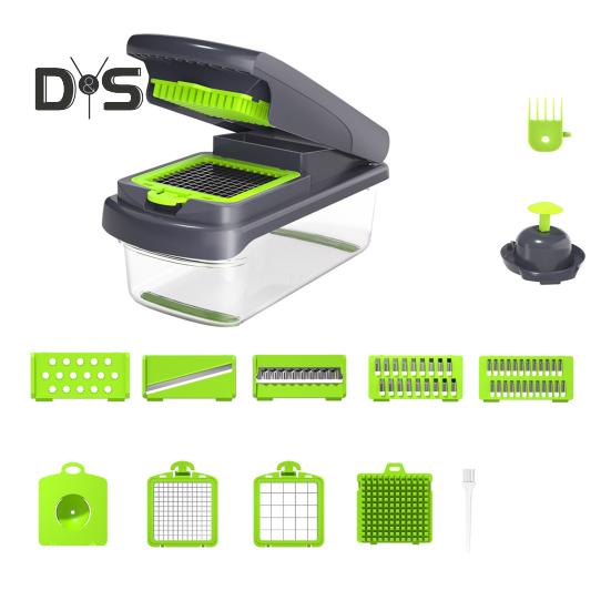 

Измельчитель овощей 14 в 1, набор из нержавеющей стали, измельчитель лука с контейнером, овощерезка для кухни Essential зелёный/серый