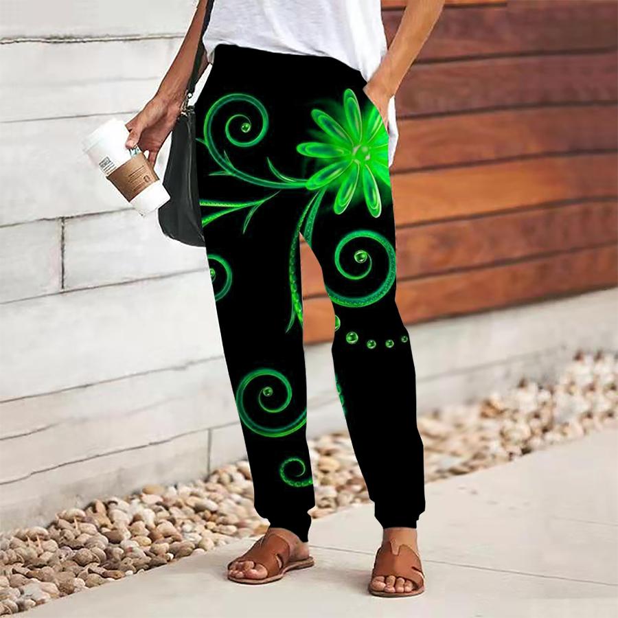 Women Retro Printing Pants Lace Up Elastic Waist Loose  Trousers Casual Long Pants Trousers with Pockets