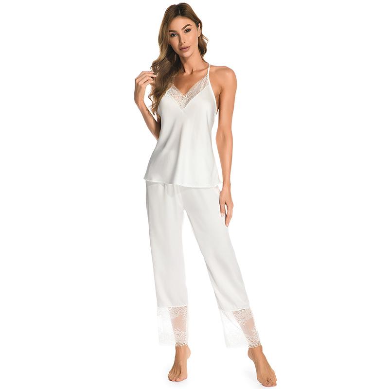 European and American ice silk suspender trousers summer thin women's loungewear pajamas set women's sexy underwear