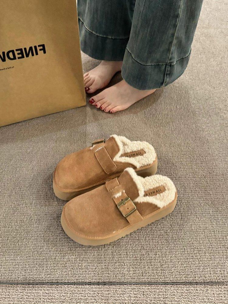 Cowhide version! Thick-soled snow boots increase the height of the bag head and half-drag women's autumn and winter new warm and thickened plush B