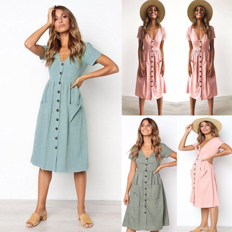 Nrj 2020 Hot Sale V-neck Button-up Short Sleeve Women's Dress With Pockets