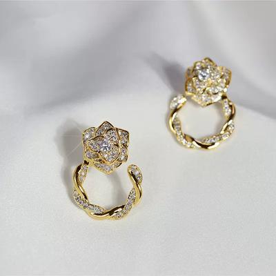 Huitan Aesthetic Gold Color Flower Clip Earrings for Women Non-piercing Sparkling Cubic Zirconia Luxury Trendy Female Jewelry