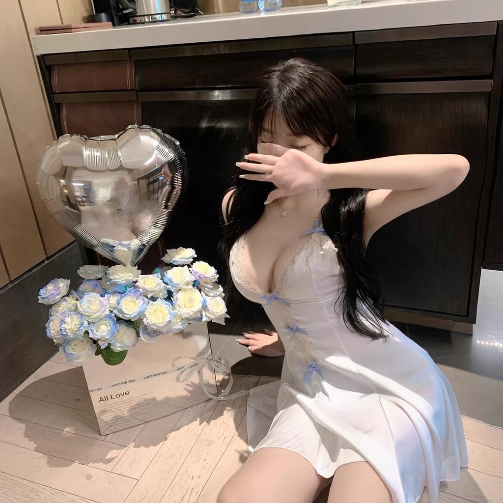 Sex-Unterwäsche, süßes Temperament, Strumpfhalter, Schmetterlingsschlaf, auslaufgeschützt, Schlaf-Transparenz-Spitzen-Set