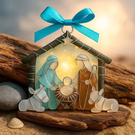 Seaglass Nativity Hanging Ornament Coastal Sea Glass Birth of Jesus 2D Acrylic Hanging Decoration Christmas Tree Holiday Religious Pendant