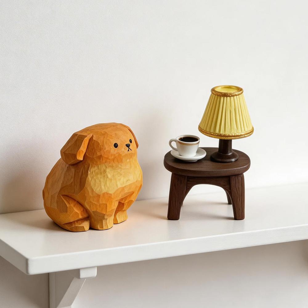 Hand Carved Wooden Golden Retriever Puppy Figurine Cute Dog Statue Ornament Home Desktop Wood Art Decor Gift for Dog Lovers