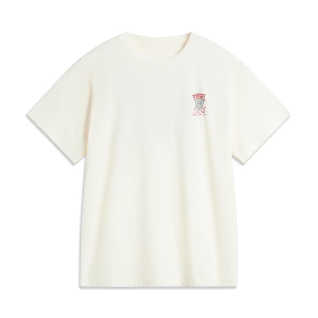 Li Ning Comfortable Simple Versatile Letter Print Round Neck Loose Fashion Short Sleeve T-Shirt Women Tops Off-White AHSU646-1