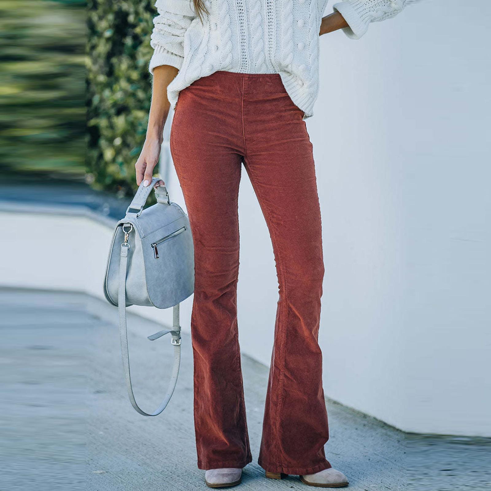 

Женские однотонные облегающие брюки с микро расклешенными брюками, повседневные брюки с эластичной резинкой на талии, вельветовые брюки XXL киноварь