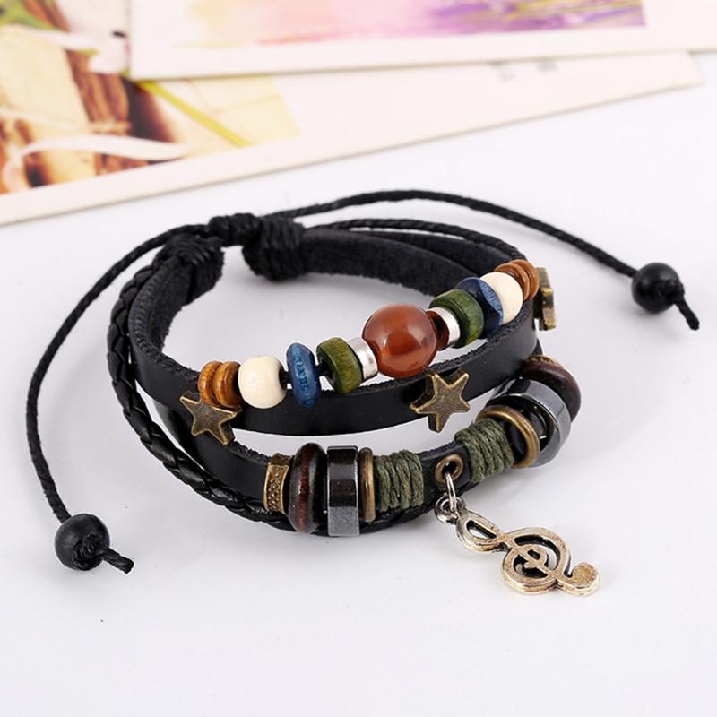 Multilayer Leather Bracelet Handmade Beaded Bracelet Musical Note Bracelet Vintage Hollow Star Bracelet (Multicolor)