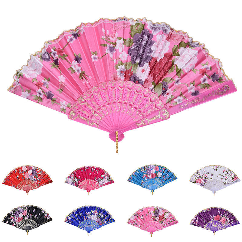 Dance Wedding Party Lace Silk Folding Hand Held Flower Pattern Fan
