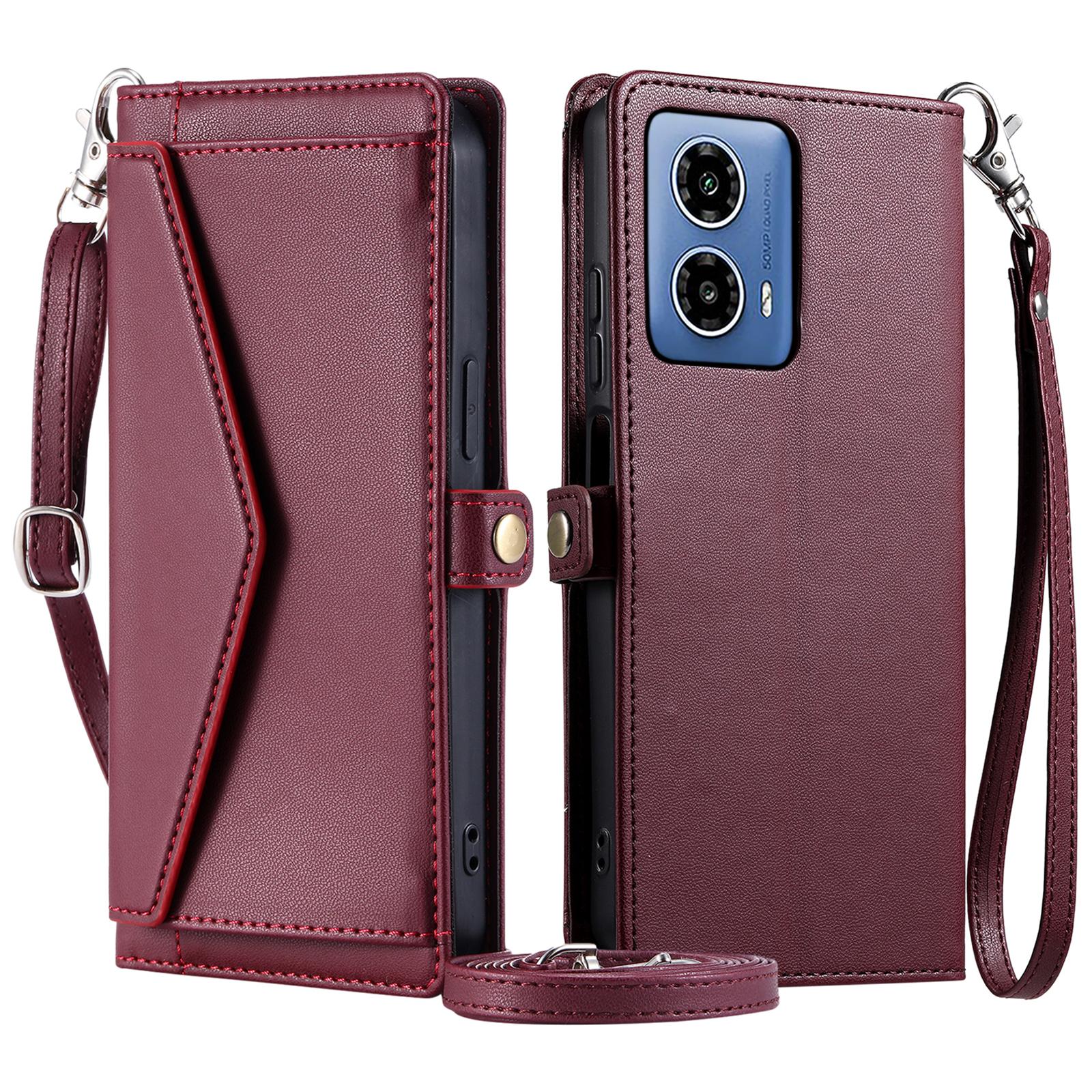 

Для Motorola Moto G45 5G/G34 5G Кожаный чехол Кошелек Подставка Чехол для телефона с ремешками Wine Red