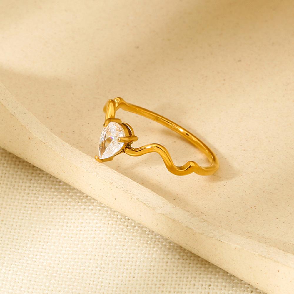 Ins Fashion Temperament Inlaid Water Drop Zircon Wave Ring Plated 18k Gold Stainless Steel Stacked Plain Ring Ring