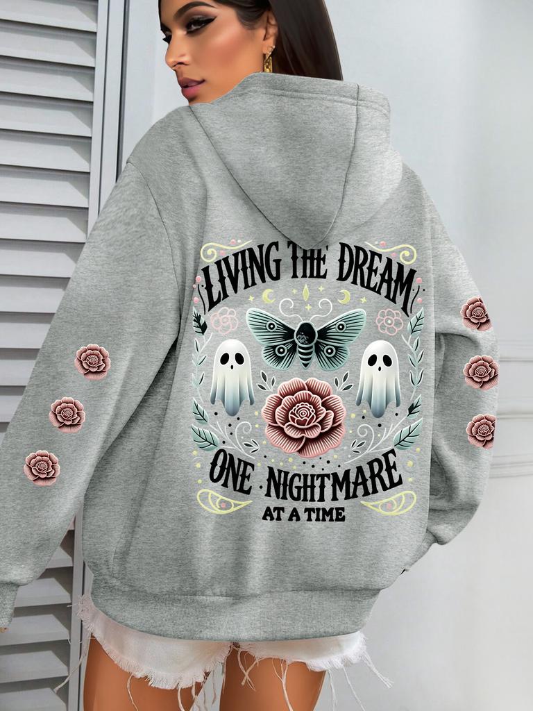 Living The Dream One Nightmare At A Time Graphic Print Hoodie Women Casual Fashion Long Sleeve Hooded Halloween Hoodies