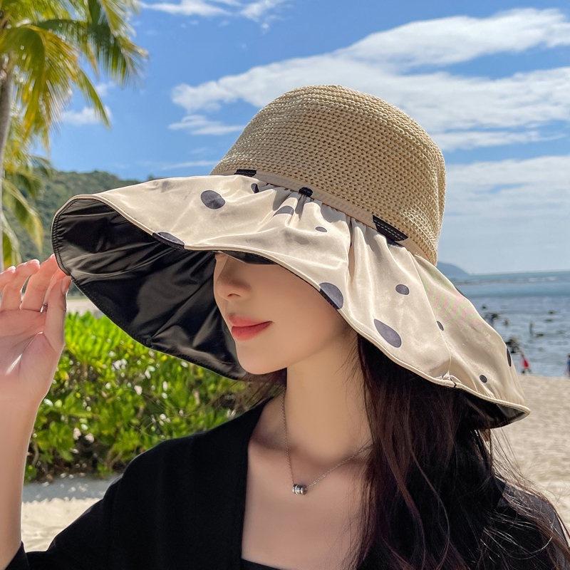 Fashion bucket hat women s summer vinyl sunscreen large brim hollow polka dot face shade sun hat sun hat adjustable