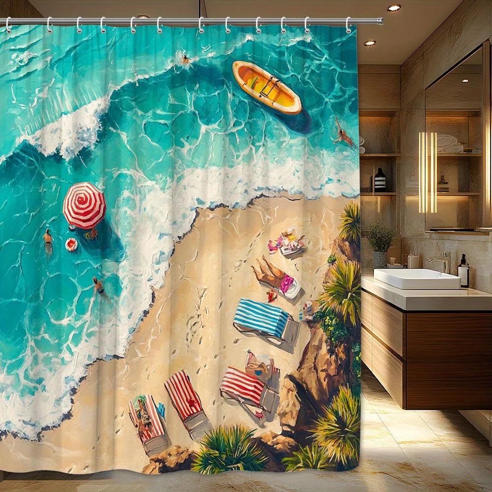 

1Pc Vibrant Beach Scene Shower Curtain With 12 Hooks - Colorful Summer Vacation Design, Turquoise Ocean & Sandy Beach Chairs, W60H190(CM)-1 Pcs