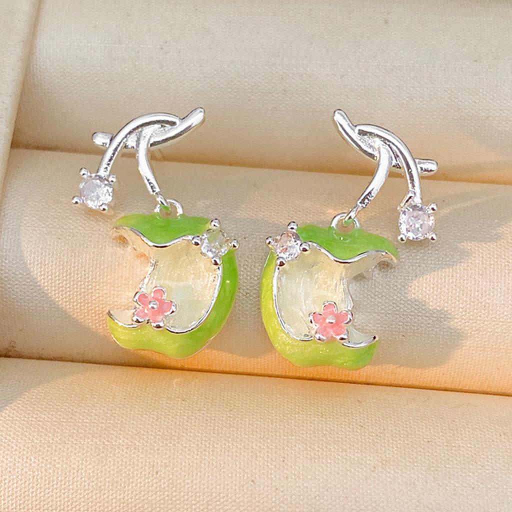 New Zircon-inlaid Oil-dripping Apple Stud Earrings, Small Fresh and Sweet Wind Temperament Earrings, Light Luxury and High-end Earrings.