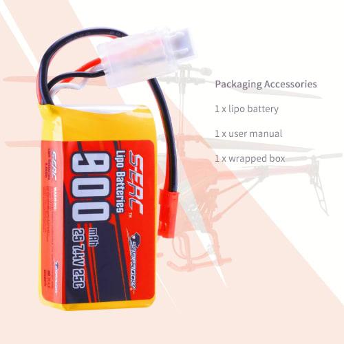 SUNPADOW 2S 7.4V LiPo Battery Pack, 900mAh 25C with JST Plug, Suitable for FPV and Drones, 2 Packs