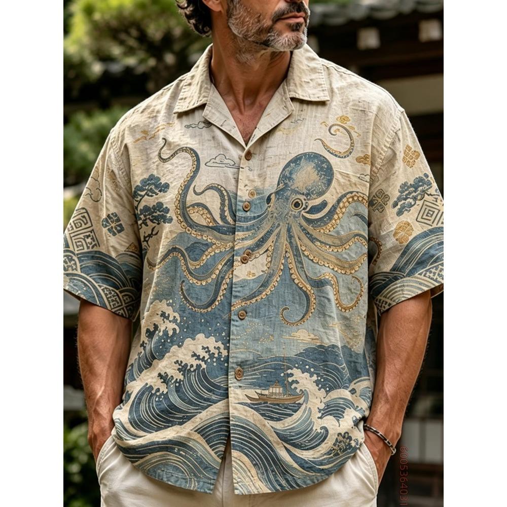 Men's Short Sleeved Shirt, Cat Noodle Printed Top, Versatile for Daily Commuting and Travel, Fashionable and Casual Loose Shirt