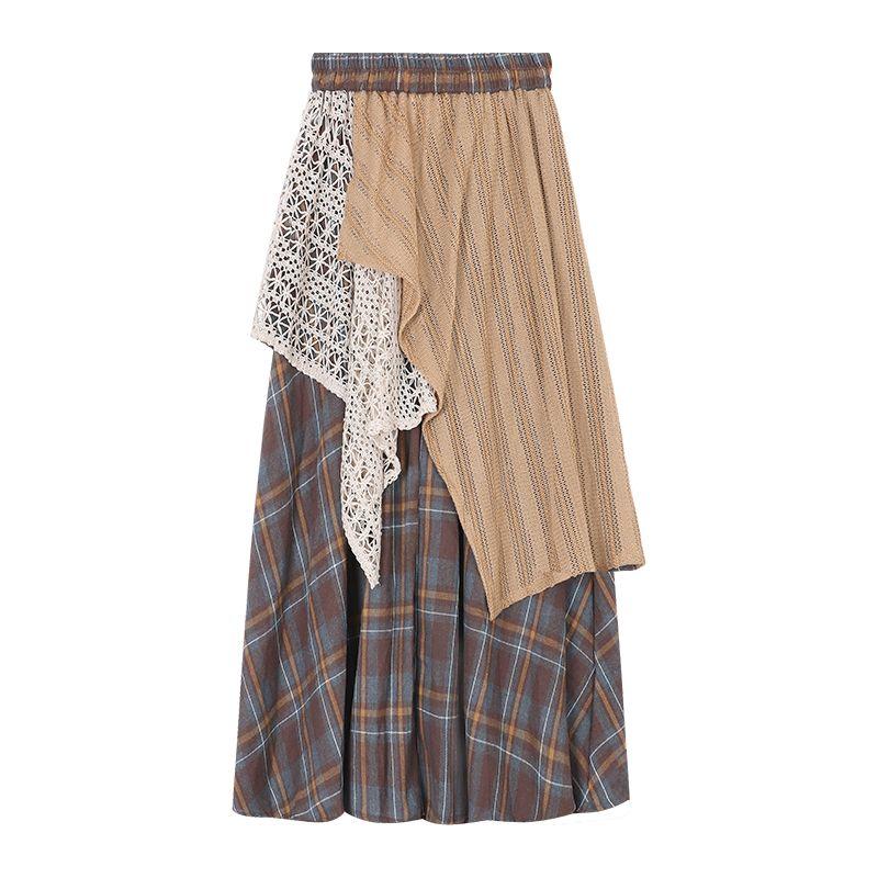 

Stylish Asymmetrical Patchwork Skirt Skirt Women s Autumn Niche Style Chic Retro Plaid Skirt A- Line Dress Long Skirt Curry color One size