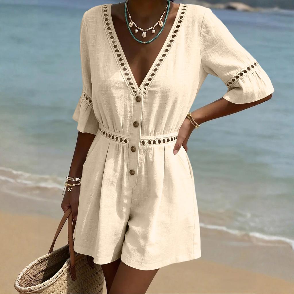Macacões Curtos Para Mulheres Decote em V Profundo Sem Mangas Macacão de Peça Única Caimento Solto Macacão de Trabalho Vestido Casual Elegante Macacões de Verão