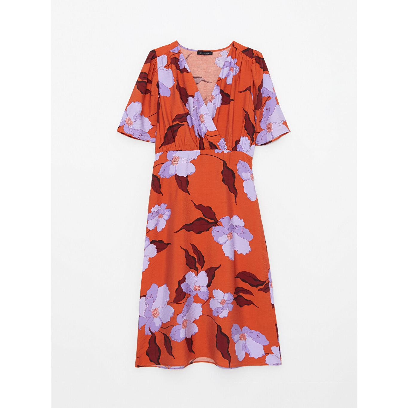 

Платье женское с короткими рукавами оранжевое с двубортным вырезом горловины