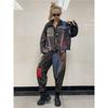Trendy and cool fashion color matching printing old denim suit autumn dress new loose personality Harlan pants two-piece set