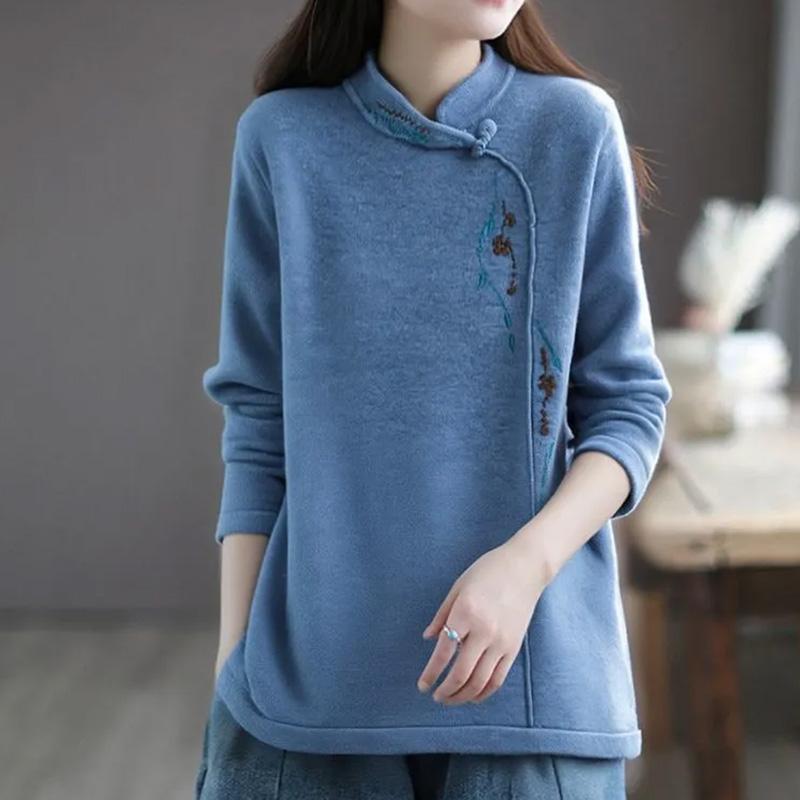 

Топ для женщин осенне-зимний утолщенный большого размера свободный с длинным рукавом повседневный вышитый топ XXXL синий