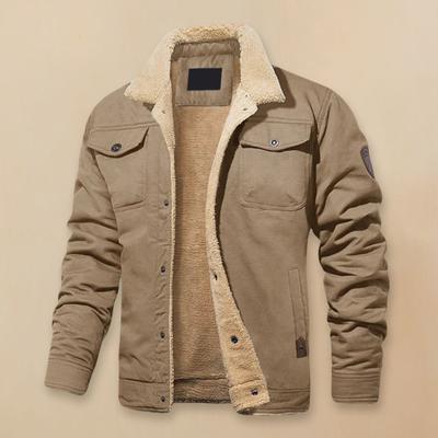 Yousheng Men Cotton Jacket Lapel Long Sleeve Buttons Closure Thickened Velvet Lining Coat Solid Color Two Side Pockets Winter Outerwear