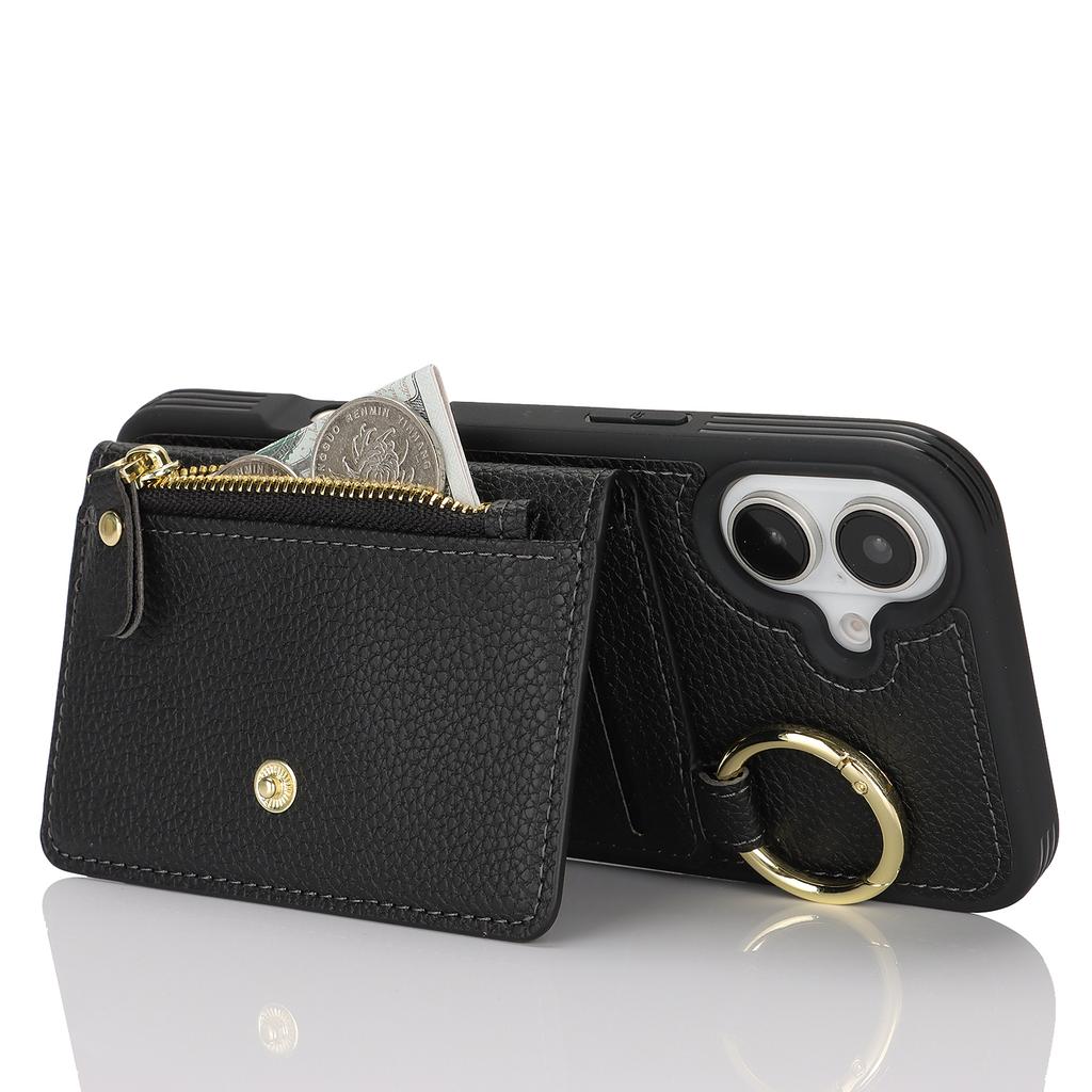 Für iPhone 16 Plus Hülle Litschi-texturiertes PU-Leder+TPU Ständer Handyhülle mit Kartenfach