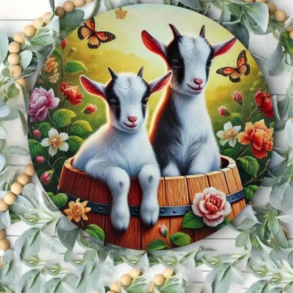 UV Resistant Waterproof Goat Theme Metal Tin Sign Circular Wall Art for Home Cafe Garden Decor