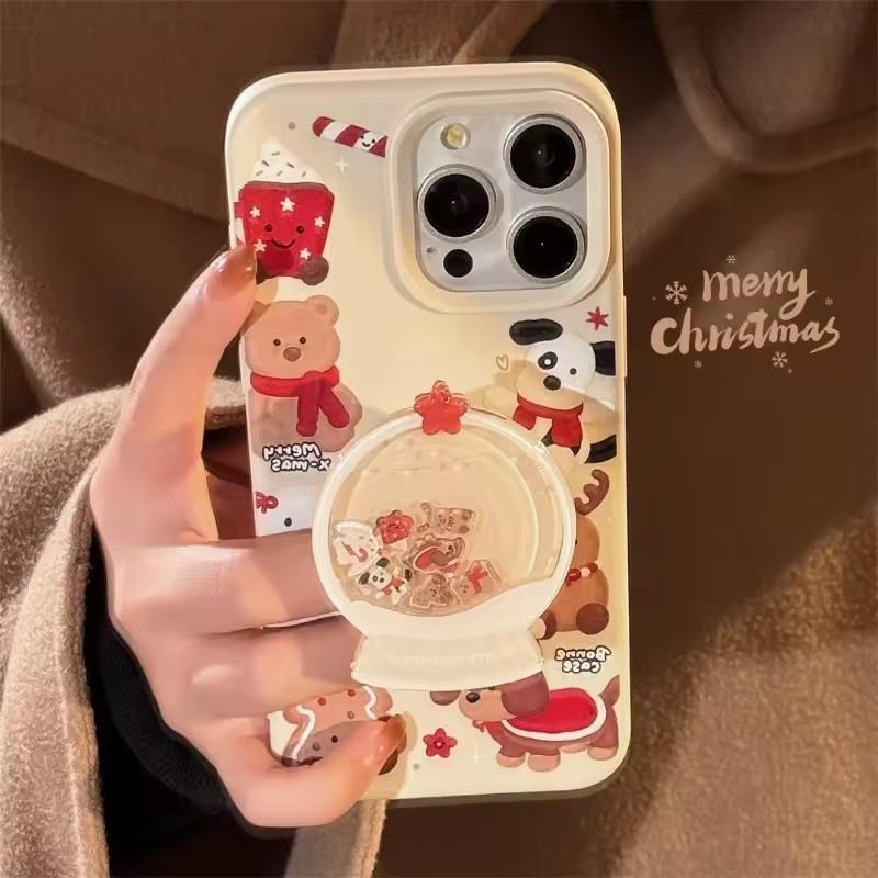Cute Cartoon Style Christmas Crystal Ball Animal Rattle Phone Holder For iPhone Cases Desktop Foldable Phone Stand