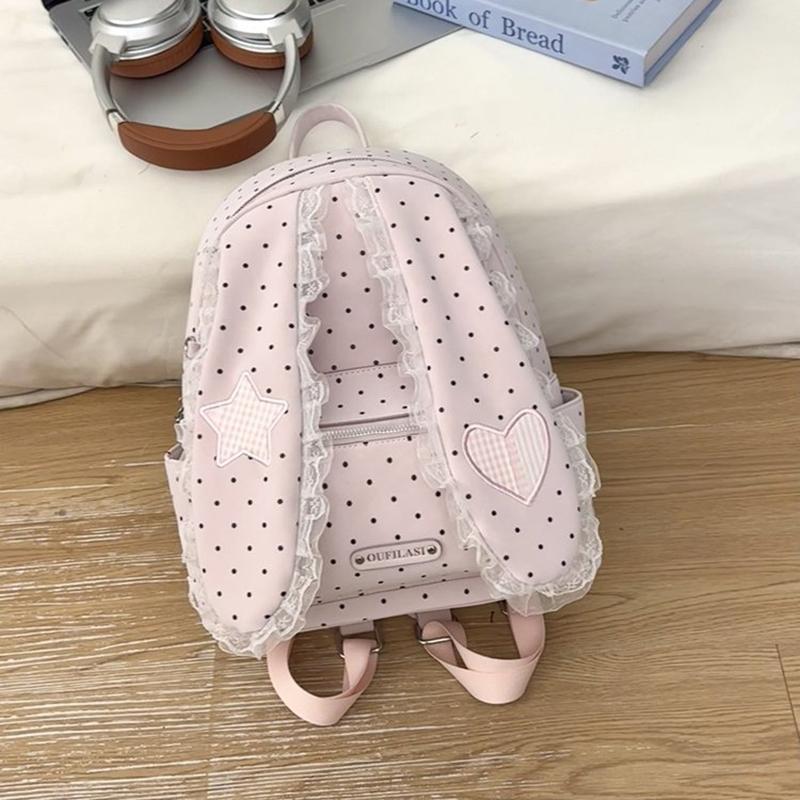 

Creative Cute Bunny Ear Backpack Fashion Polka Dot Lace Decor Japanese Lolita Girl Preppy Backpack Lightweight Nylon Handbag one size fits all рожевий