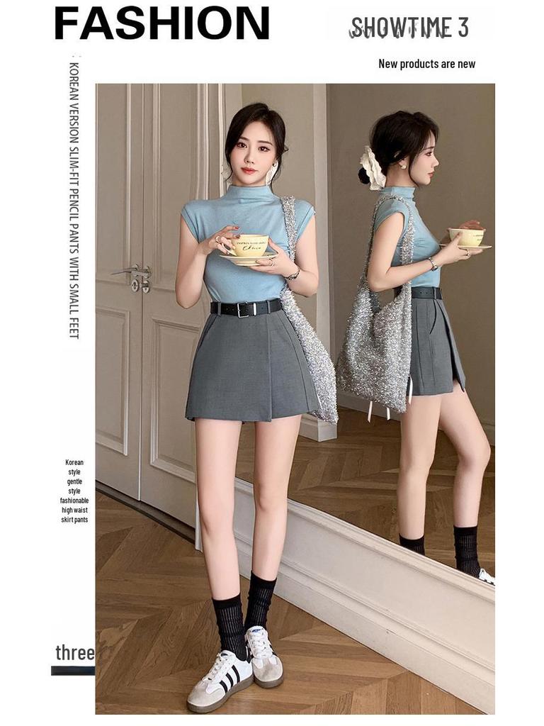 Women's High-Waist A-Line Skirt Pants - Casual Spring/Summer Wide-Leg Buttoned Design