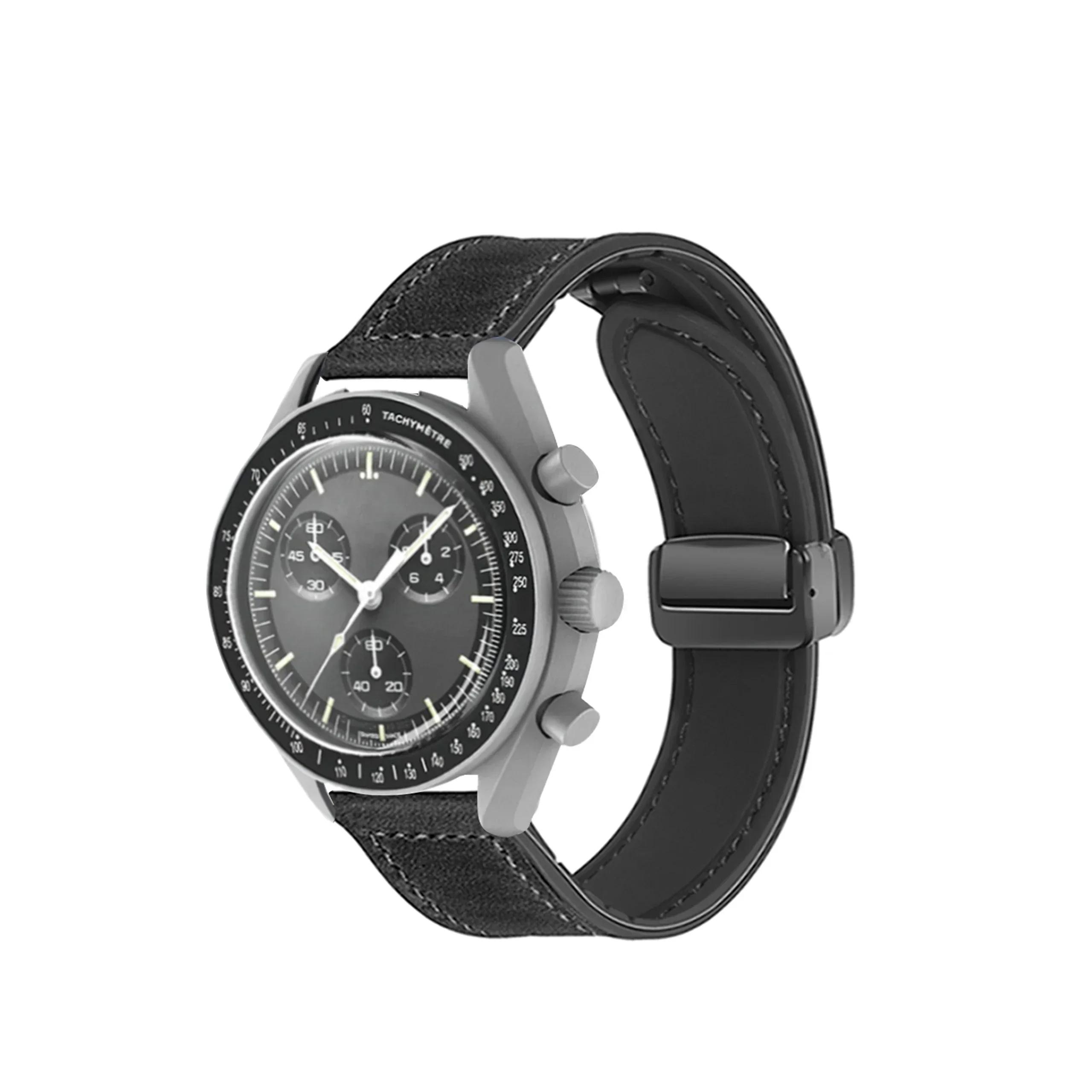 

20мм Шкіряний Ремінець Для Спільного Годинника Omega X Swatch MoonSwatch Planet Metal Магнітна Застібка Для Годинника Swatch Силіконовий Браслет Аксесуари For MoonSwatch чорний