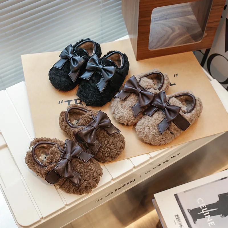 2024 Children Plush Leather Shoes for Girls Winter New Fashion Korean Style Soft Bottom Anti-slippery Versatile Chci Warm Shoes