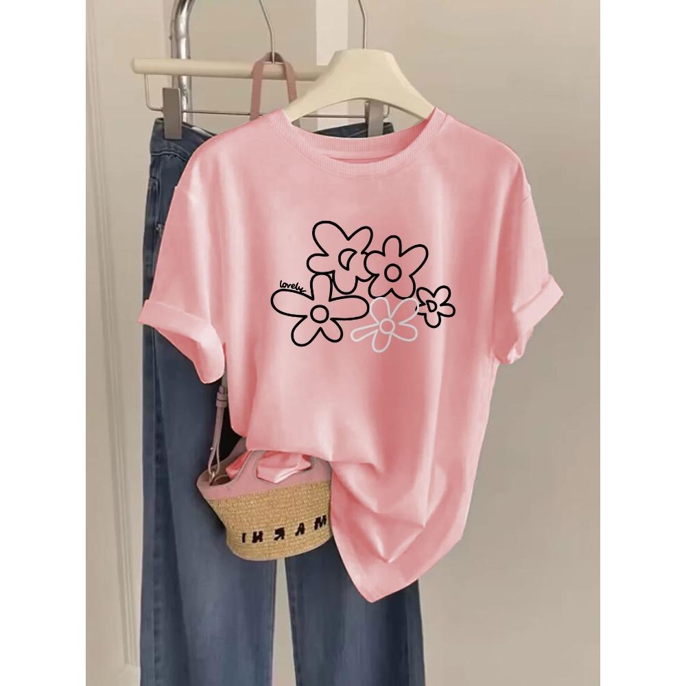 

Spring and Summer Casual Women S Tops Hand-Painted Style with Lovely Floral Prints Round Neck Sleeve T-Shirt Clothes 3XL