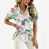 Damen Freizeit Rüschen V-Ausschnitt Oberteil mit Hawaiianischer Baum Print Kurze Puffärmel Knopfleiste Lockerer Schnitt Sommerbluse