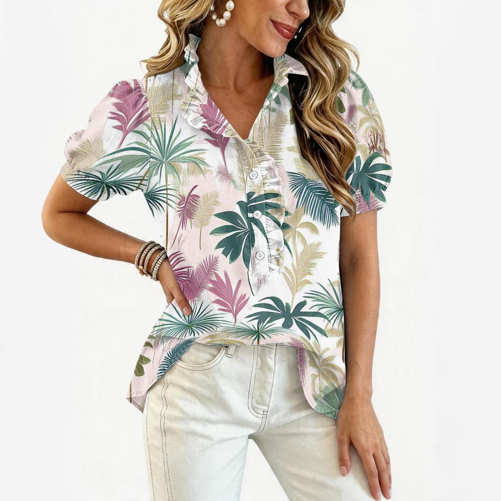Damen Freizeit Rüschen V-Ausschnitt Oberteil mit Hawaiianischer Baum Print Kurze Puffärmel Knopfleiste Lockerer Schnitt Sommerbluse