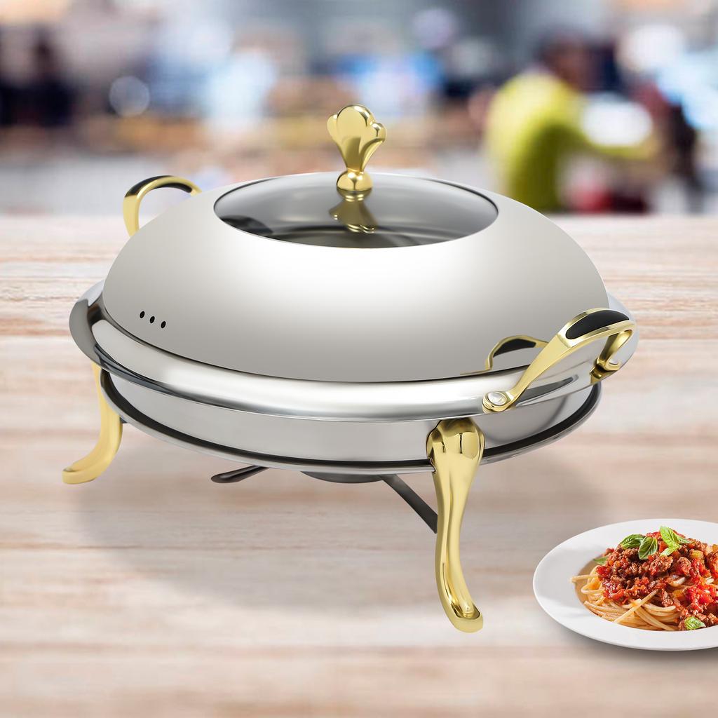 24cm Gold Round Chafing Dish, Stainless Steel Buffet Chafer with 2.5L Capacity, Catering Warmers for Food, Includes Fuel Holder